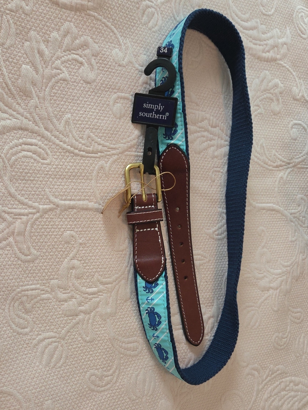 Simply Southern Aqua Blue Nautical Crab Belt with Brown Leather Trim